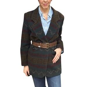 Vintage Southwestern Geometric Tribal Long Wool Blend Blazer Green Red Brown